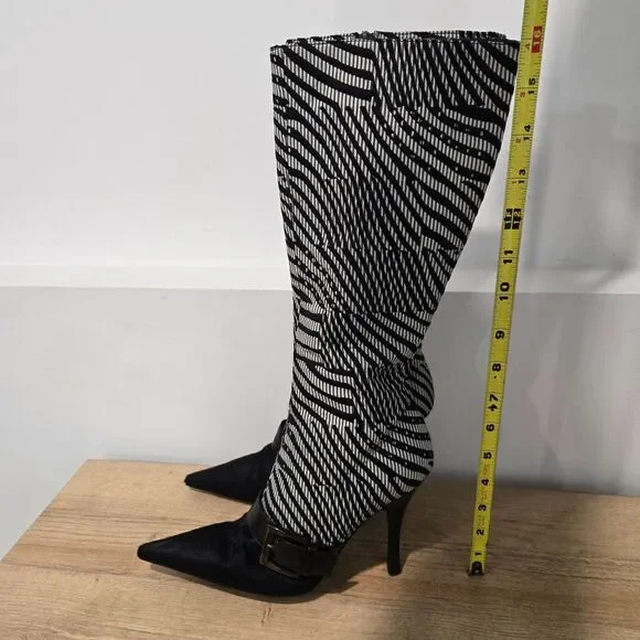 Bruno Magli Womens Graphic Print Tall Dress Boots Sz 37 / 6.5-7 fur pointed toe - Picture 12 of 14
